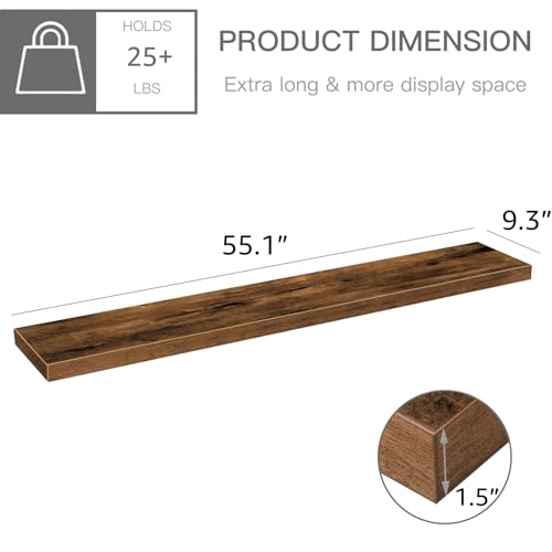 QEEIG Floating Shelves for Wall 55.1" Extra Long - Wall Shelf Bathroom Kitchen Living Room Bedroom Farmhouse Home Decor Display Bookshelf Large 55.1 x 9.3 inch Set of 2, Rustic Brown (008-140BN) - color: A. Brown, size: 55.1"