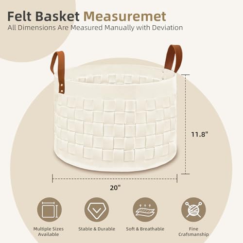 BOLDMONEKY Blankets Basket 20" x20 " x11.8 ", Large Round Laundry Hamper with Leather Handle, Soft Dog Toy Woven Basket for Storage-Beige - color: Beige