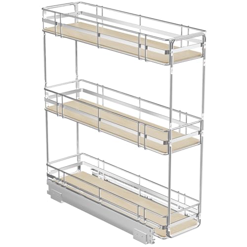 ROOMTEC 3-Tier Pull Out Cabinet Organizer Spice Rack for Narrow Cabinet 7" W x 20½" D, Slide Out Wood Shelves Storage for Kitchen - size: 7" W x 20½" D, 3 Tier, Wood Shelves