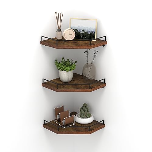 HORLIMER Floating Corner Shelf Wall Mount, 3 Pack Rustic Wood Corner Wall Shelves with Fence for Bedroom, Bathroom, Kitchen, Living Room, Brown - color: Brown - 3 Pack, size: Diamond