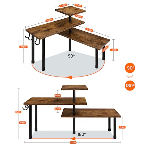 Homode Kitchen Countertop Organizer - 3 Tier Corner Shelf, Bathroom Counter Organizer, Spice Rack, Coffee Bar, Over Sink, Rustic Brown - color: Rustic Brown, With Hooks