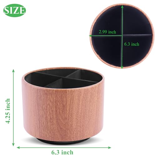 Round Leather Art Supply Organizer,Remote Control Holder,360 Degree Spinning,Multi-Functional Pencil Holder,4 Compartments Desktop Stationary Organizer(1-Thin Wood Ligh Brown) - color: 1-Thin Wood Ligh Brown