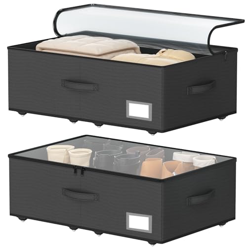EE-RoomWorld Underbed Storage Bins With Wheels, No Assemble Required 10 inches Height Large Capacity Rolling Underbed Shoe Storage Containers，Dorm Underbed Storage Drawers - color: Black, size: 10 inch height