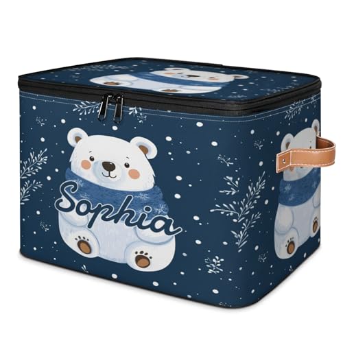 Custom Storage Basket with Name, Personalized Storage Bins with Zipper Lid, Foldable Fabric Storage Box Large capacity with Handle Snowflake White Bear - color: Option 1