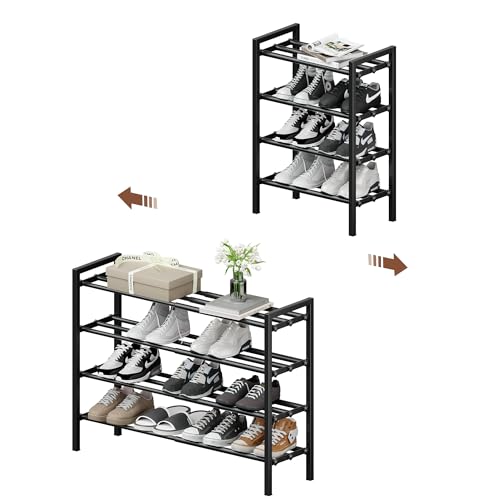 4-Tier Expandable Shoe Rack, Adjustable Shoe Shelf Storage Organizer Heavy Duty Metal Free Standing Shoe Rack for Entryway Closet Doorway (Black) - size: 4 Tier