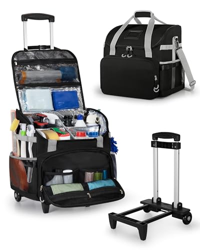 Marscamd Large Rolling Cleaning Caddy Bag with Detachable Trolley, Cleaning Supplies Organizer with Wheels for Housekeepers, Black - color: Black