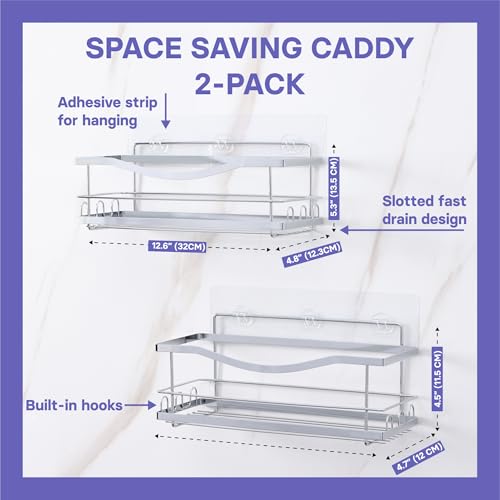 KINCMAX Iron Shower Caddies - Self Adhesive Bathroom Shelves for Showers - Wall Organizer Shampoo Holder Shelf - Peel and Stick On Caddy Bath Tub Rack - Pack of 2 Holders - Silver - style: 2-Pc Caddies - Wavy, Silver