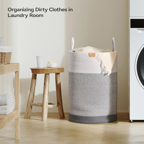 Nunsino Laundry Hamper 75L,Large Laundry Basket for Clothes,Decorative Storage Basket for Blankets,Cotton Rope Woven basket for bedroom,Grey White - color: Grey&White, size: 75L/19.8Gal
