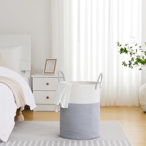 VIPOSCO Large Laundry Hamper, Tall Woven Rope Storage Basket for Blanket, Toys, Dirty Clothes in Living Room, Bathroom, Bedroom - 58L Grey & White - color: Grey, size: 58L