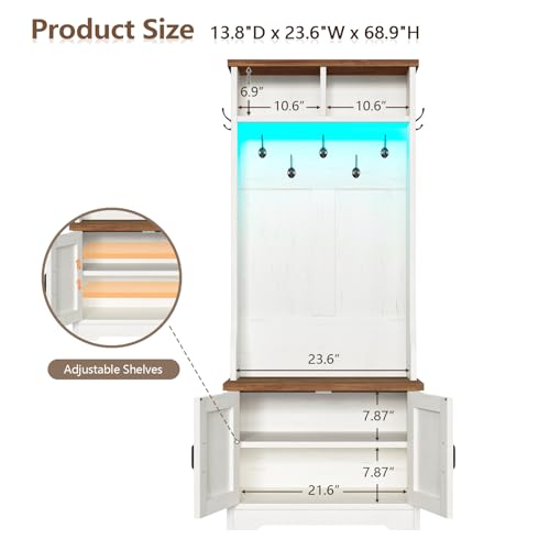 CSZZD Hall Tree with Bench and Shoe Storage, Entryway Bench with Coat Racks and Led Lights, Farmhouse Small Hall Tree with Shoe Cabinet, 7 Coat Hooks, 6 Storage Cubbies, Adjustable Shelf - color: Antique White, size: 23.6"