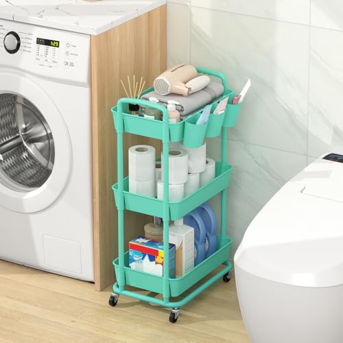 JIUYOTREE 3-Tier Plastic Rolling Storage Cart Utility Cart with Extra Hanging Cups Handles Lockable Wheels for Living Room Bathroom Kitchen Office Green - color: Green, size: 3-Tier