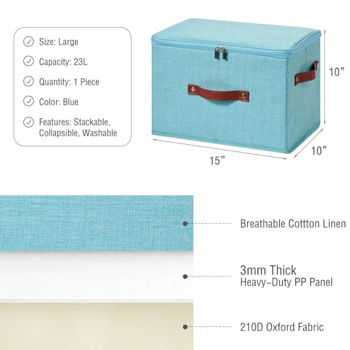 Storage Bin Box with Zippered Lid Cotton Linen Fabric Decorative Basket with PU Leather Handles PP Plastic Board Foldable Lidded Clothing Shelf Closet Organizer Container (Blue, Large) - color: Blue, size: Large ( Pack of 1 )