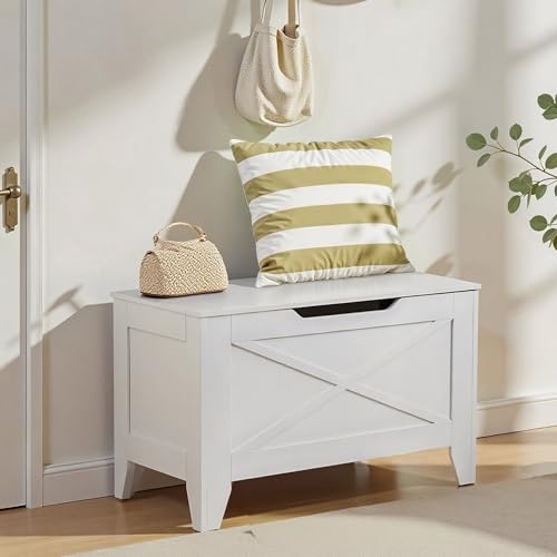 VECELO 30" Storage Bench, Entryway Shoe Ottoman, Farmhouse Style Bench with Handwoven Cushion and Metal Safety Hinges, for Bedroom, Living Room, Entryway, White - color: White, size: 30"W