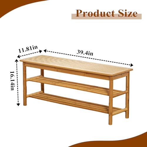 Bamboo Entryway Bench with Woven Rattan Seat, 2-Tier Shoe Storage Bench for Hallway & Entryway 39.4 inches Nature - color: Nature, size: 39.4 inch