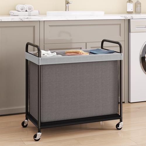 ELYKEN Laundry Hamper 3 Section, 120L Rolling Laundry Sorter with Removable Liner Bag, Laundry Basket with Wheels, Steel Frame with Metal Handle, Clothes Hamper Cart for Laundry Room & Bedroom - color: Gray, size: 3-Section