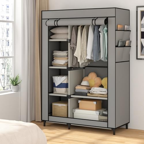 Calmootey Portable Closet Organizers, Clothing Storage, Wardrobe with 6 Shelves and Hanging Rod, Non-Woven Fabric Cover with 4 Side Pockets, Grey - color: Grey