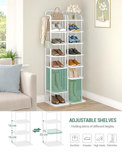 Hzuaneri 8 Tiers Vertical Shoe Rack, Narrow Shoe Tower, Tall Shoes Shelf with 2 Hooks, Adjustable Shelves, Corner Shoes Shelves for Small Spaces, Entryway, Living Room, White SR04313W - color: White, size: 8 Tier(11.8"D x 10.4"W x 53.2"H)