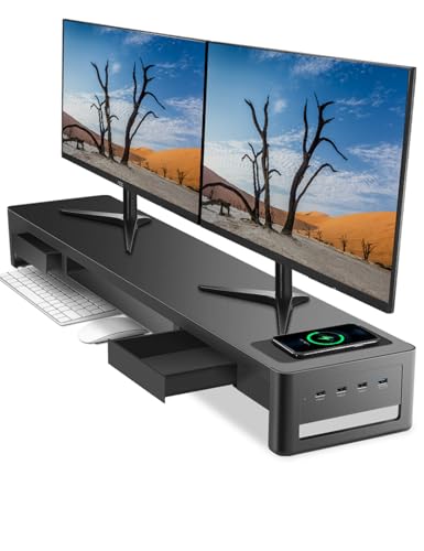 meatanty Dual Monitor Stand Riser with 2 Drawers,4 USB Ports and Charging Pad,Metal Monitor Stand for 2 Monitors Supports Transfer Data and Charging,Desk Organizer for PC,iMac(38.7 inches) - size: Extra-Large, style: Wireless Charger Version