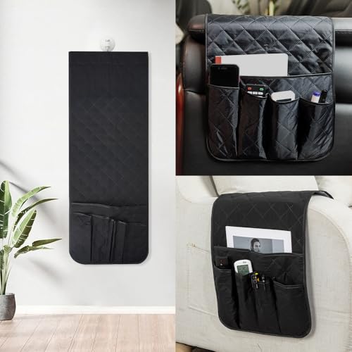 RETON Sofa Armrest Organizer with 5 Pockets, Non Slip Remote Control Caddy with 8 Pieces of Hook and Loop Fasteners, Armchair Caddy Holder Storage for Magazine Recliner Book TV Phone (Black) - color: Black