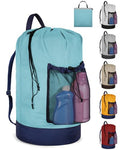 Laundry Bag with Shoulder Straps and Mesh Pocket Laundry Backpack Large Portable Laundry Hamper for College Laundromat Apartment - color: Lake Blue & Dark Blue
