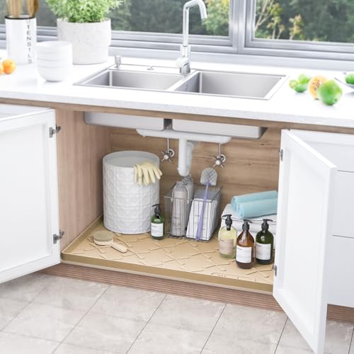 SIKADEER 25" x 22" Under Sink Mat Waterproof, Silicone Mat Kitchen Drawer Shelf and Cabinet Liner, Sink Protector for Kitchen Organizers and Storage, Boot Tray Pet Food Mats - color: Beige, size: 25"W x 22"L