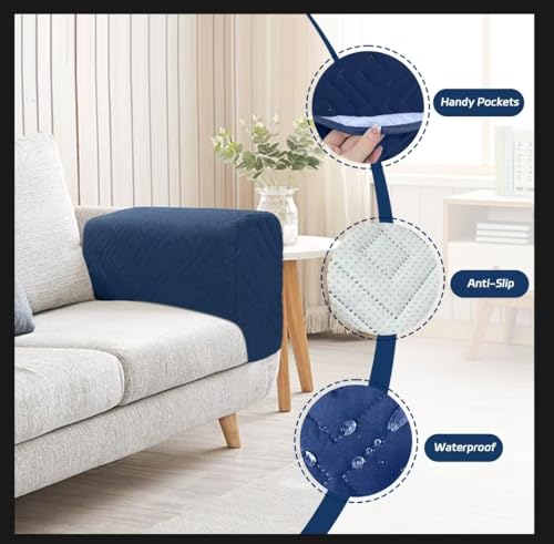 MEHIDFY Sofa Arm Cover, Waterproof Couch Armrest Protector, Anti-Slip Sofa Cover, Remote Holder for Armchair, Recliner Caddy with 3 Pockets for TV Remote, Phone, Pad, Pen, Book(Blue 2pcs) - color: Blue
