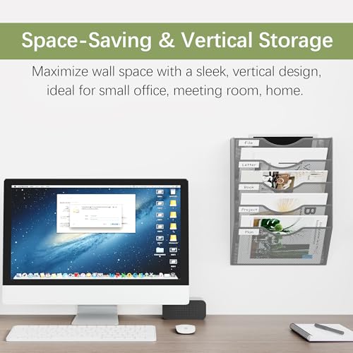 EasyPAG Wall File Organizer 5 Tier Hanging Paper Folder Holder, Zero Assembly Metal Mesh Wall Mounted Mail Organizer for Office Home Classroom Narrow Spaces, Silver - color: Silver, size: 5 Tier