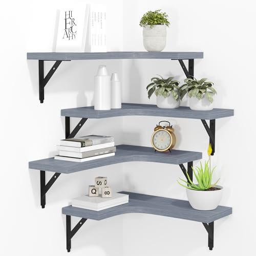 ROMGUAR CRAFT Corner Floating Shelves Wall Mounted Set of 4, Rustic Wood Storage Display Shelves for Home Decor, Bathroom, Kitchen, Bedroom, Living Room, Office (Grey) - color: Grey