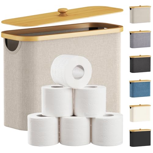 Lifewit Toilet Paper Storage Holder for 9 to 12 Rolls, Free Standing Toilet Paper Basket Stand with Bamboo Lid, Collapsible Fabric Bathroom Organizer Box for Mega Rolls, 23L, Large, White, Beige - color: Beige, size: 23L