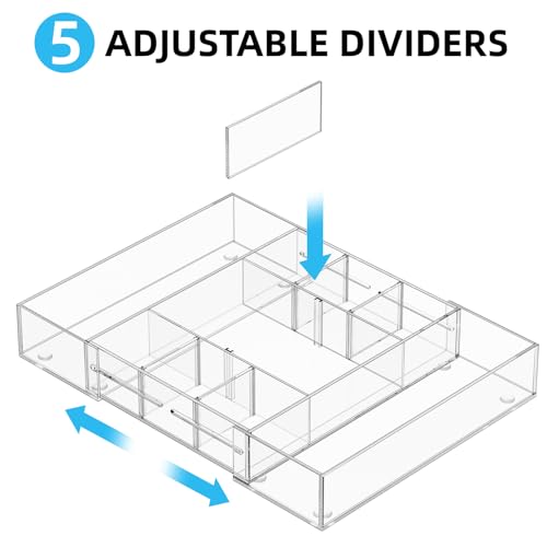 Marbrasse Acrylic Expandable Drawer Organizer, Clear Desk Drawer Organizer Tray with 5 Dividers, Desk Organizers and Accessories, 10 Adjustable Compartments for Office Supplies, Makeup & Vanity