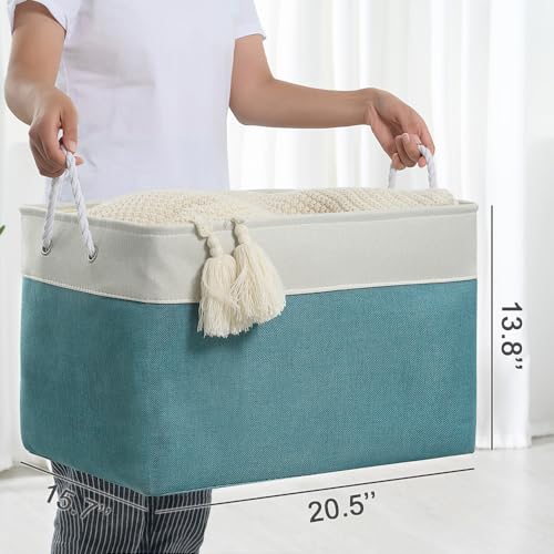 TheWarmHome Storage Bin for Shelves - Extra Jumbo 3 Pack 20.5L×15.7W×13.8H Storage Basket for Organizing, Fabrin Storage cubes with Drawstring Cover for Living Room Bedroom Decor Closet（White & Green - color: White And Green, size: 3PCS/Extra Jumbo - 20.5