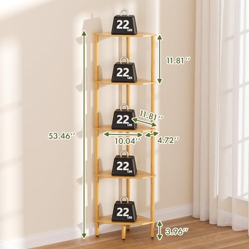 Corner Shelf, 5 Tier Bamboo Corner Bookshelf, 54" Tall Narrow Bookcase, Plant Stand, Corner Display Rack, Shower Caddy, Display Standing Shelf Organizer for Bedroom, Living Room, Kitchen, Home Office - size: 5 Tier