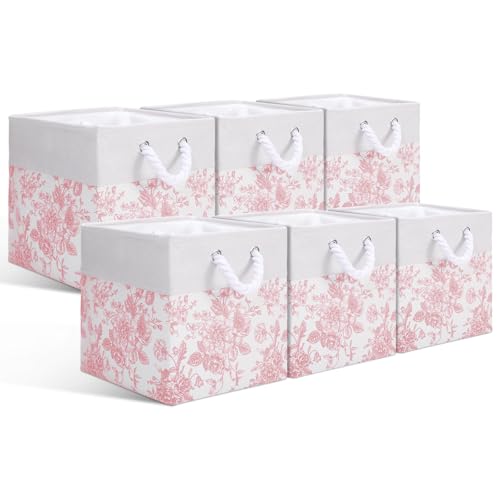 LemonRoad 6 Pcs Pink Floral Cube Storage Bins 11.22 Inch Square Storage Basket with Handle, Preppy Girls Organizer Basket, Collapsible Fabric Box for Classroom Bedrooms Office Home Decoration Gift - color: Pink, size: 11.22 Inch, style: Floral