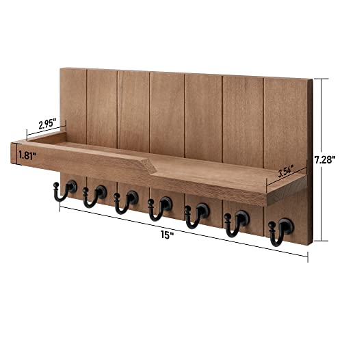Rebee Vision Key Holder for Wall - Farmhouse Rustic Mail Organizer Floating Shelf for Home Kitchen Entryway Decor with 7 Sturdy Key Hooks (Retro Brown,15-inch) - color: Brown, size: 15-inch