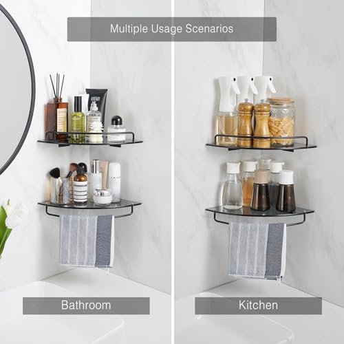 Voldra Glass Corner Shower Caddy, 2 Pack Adhesive Corner Shower Shelves for Inside Shower No Drilling, Tempered Glass Bathroom Corner Shelf with Guardrail Bathroom Shower Organizer Storage Rack(Black) - color: Glass-Corners, size: 2 Pack