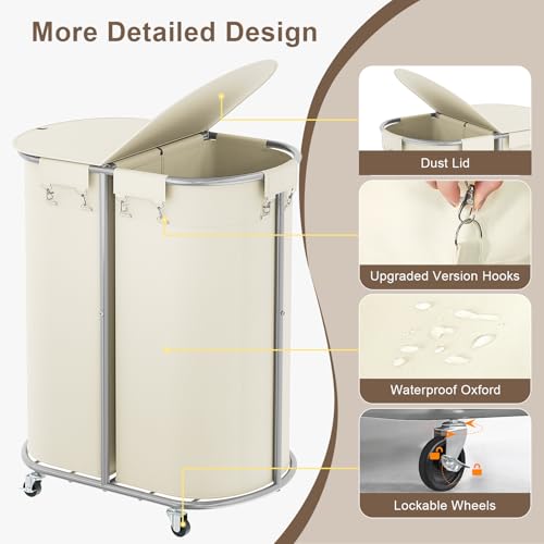 200L Double Laundry Hamper with Lid and Wheels, Large Oval Rolling Laundry Basket 2 section, Sturdy Metal Laundry Cart with 2 Removable Bags, Dirty Clothes Organizer for Home, Dorm, Beige - color: Beige, size: 200L(24.8"L x 16.9"W x 31.5"H)