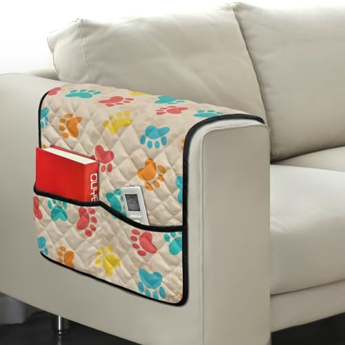 Colorful Dog Paw Print Sofa Armrest Slipcovers Arm Covers for Recliner Anti-Scratch Couch Arm Protector Control Holder Sofa Armrest Organizer for Magazine, Tablet, Phone, iPad - color: Colorful Dog Paw