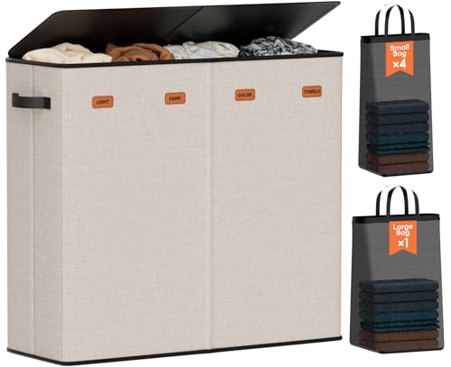 Laundry Hamper 4-Section with Lid, 185L Laundry Sorter with 4 Removable Bags + 1 Extra Large Bag, Switchable 3/4 Compartment, Laundry Basket Organizer for Bedroom, Laundry Room，Beige - color: Beige, size: 185L - 4 Section