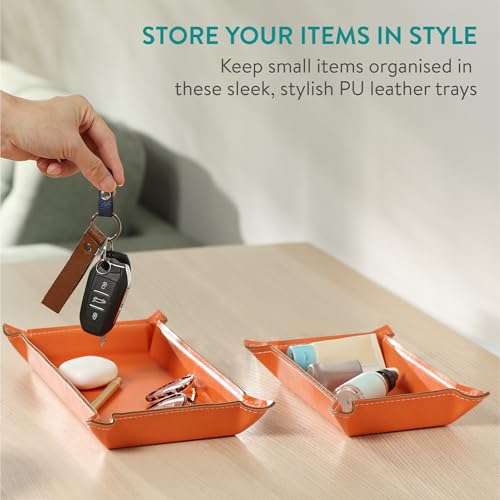 Navaris PU Leather Tray Set - 2 pcs Trinket or Valet Key Bowl - Jewellery, Pen, Watch Organiser Desk Trays - Stylish Bedside Table Accessories Tidy for Men