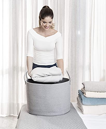 OrganiHaus Large Woven Storage Basket for Blankets and Toys 20" x 13" Inch, Rope Laundry Basket with Handles, Cushions & Pillows Storage Bin, Nursery Hamper, Soft Round Dog Toy Bin - Gray - color: Full Gray, size: Wide