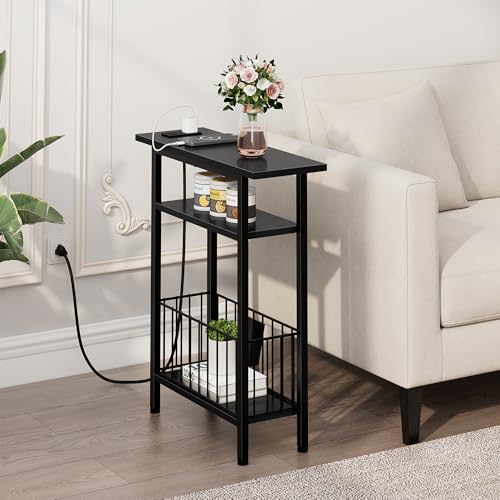 Vagusicc Narrow Side Table with Charging Station, 3-Tier Skinny Side End Table for Couch, Small End Tables for Small Spaces, 25.2" Tall Slim Nightstand Bedside Table for Living Room, Bedroom, Black - color: Black, style: With Plug