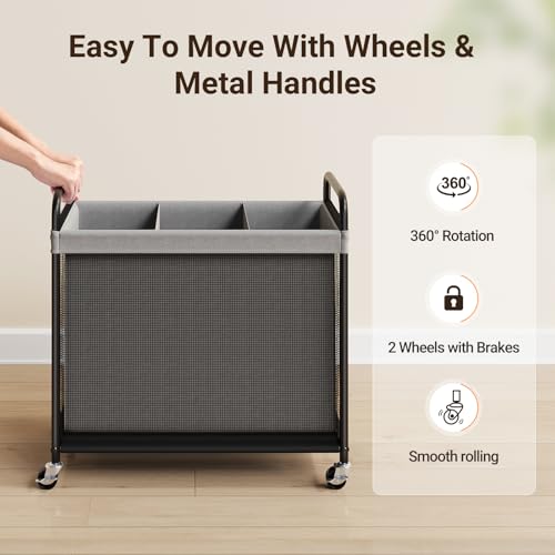 ELYKEN Laundry Hamper 3 Section, 120L Rolling Laundry Sorter with Removable Liner Bag, Laundry Basket with Wheels, Steel Frame with Metal Handle, Clothes Hamper Cart for Laundry Room & Bedroom - color: Gray, size: 3-Section