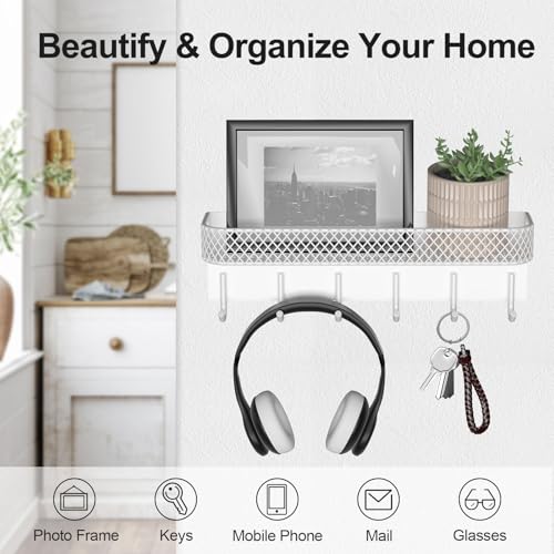 Lwenki Key Holder for Wall – Decorative Stainless Steel Key Hanger with 6 Hooks for Hats, Bags, Leashes – Mail Holder Key Rack with Mounting Hardware and Guide (9.65” x 2.8” x 2.2”) (White) - color: White