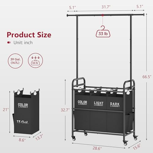 Tajsoon Laundry Sorter Cart with Hanging Rack, Laundry Sorter 3 Section, Laundry Hamper with Heavy Duty Rolling Lockable Wheels, Black - color: Black, size: 3 bag
