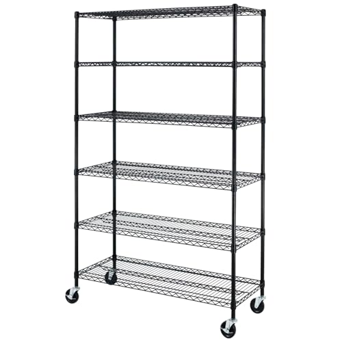 BestOffice Storage Shelves 6 Tier Metal Shelves Adjustable Heavy Duty Garage Shelving Wire Shelving Unit Capacity 6000LBS with Wheels for Kitchen, Garage Pantry Closet Commercial,Black - color: Black, size: 18"D x 45"W x 77"H