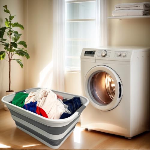 SMMART Collapsible Plastic Laundry Basket with Handle/Foldable Pop Up Storage Hamper/Portable Laundry Organizer-Space Saving Washing Tub/Household Storage Supplies (Grey/Steel Grey, 42L (Set of 2)) - color: Grey/Steel Grey, size: 42L (Set of 2)