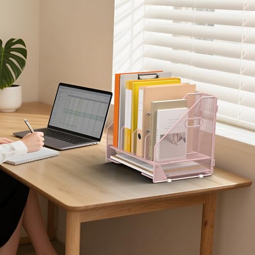 Desk File Folder Holder Organizer-4 Vertical Compartments Racks and Paper Letter Tray,Mesh Magazine File Holder Sorter,Desktop Accessories & Workspace Organizers for Home,Office,School-Pink - color: 4 Compartments-pink
