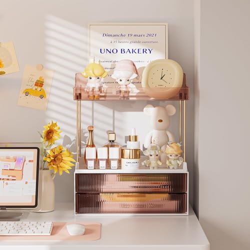 Delamu Bathroom Organizers and Storage, 2 Tier 2 Drawer Makeup Organizer Countertop, Easy to Install, Ideal for Bathroom Counter, Vanity, Ideal for Women Girls, Grapefruit - color: Grapefruit, size: 2Drawers 1 Pack