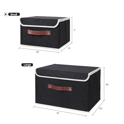 ANMINY Storage Bin with Lid Storage Boxes with PU Leather Handles PP Plastic Board Decorative Foldable Lidded Cotton Linen Fabric Home Cubes Baskets Closet Organizer Container - Black, Small Size - color: Black, size: Small (Pack of 1)