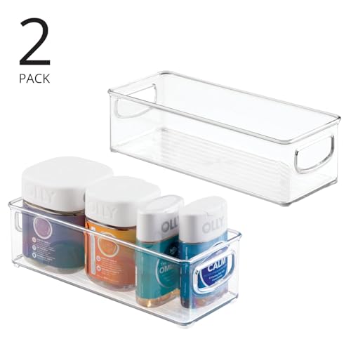 mDesign Plastic Bathroom Storage Container Bins w/ Handles - Closet, Cabinet, Vanity, Cupboard Shelf Organization, Hair Tools Accessory Organizer - Ligne Collection; Clear, 10x4x3 (Pack of 2) - size: 10 x 4 x 3 (Pack of 2)